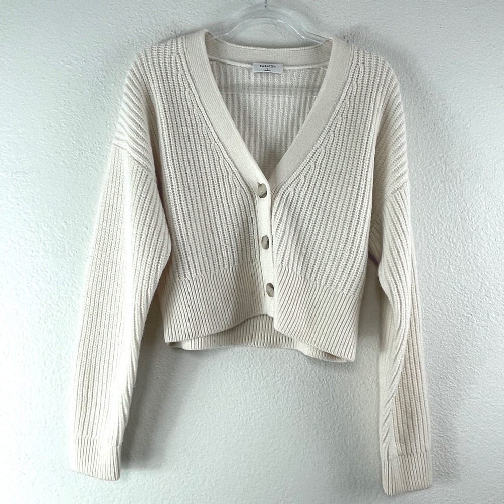 Babaton Merino Wool Cardigan Sweater Small Cream Minimalist Academic 79410